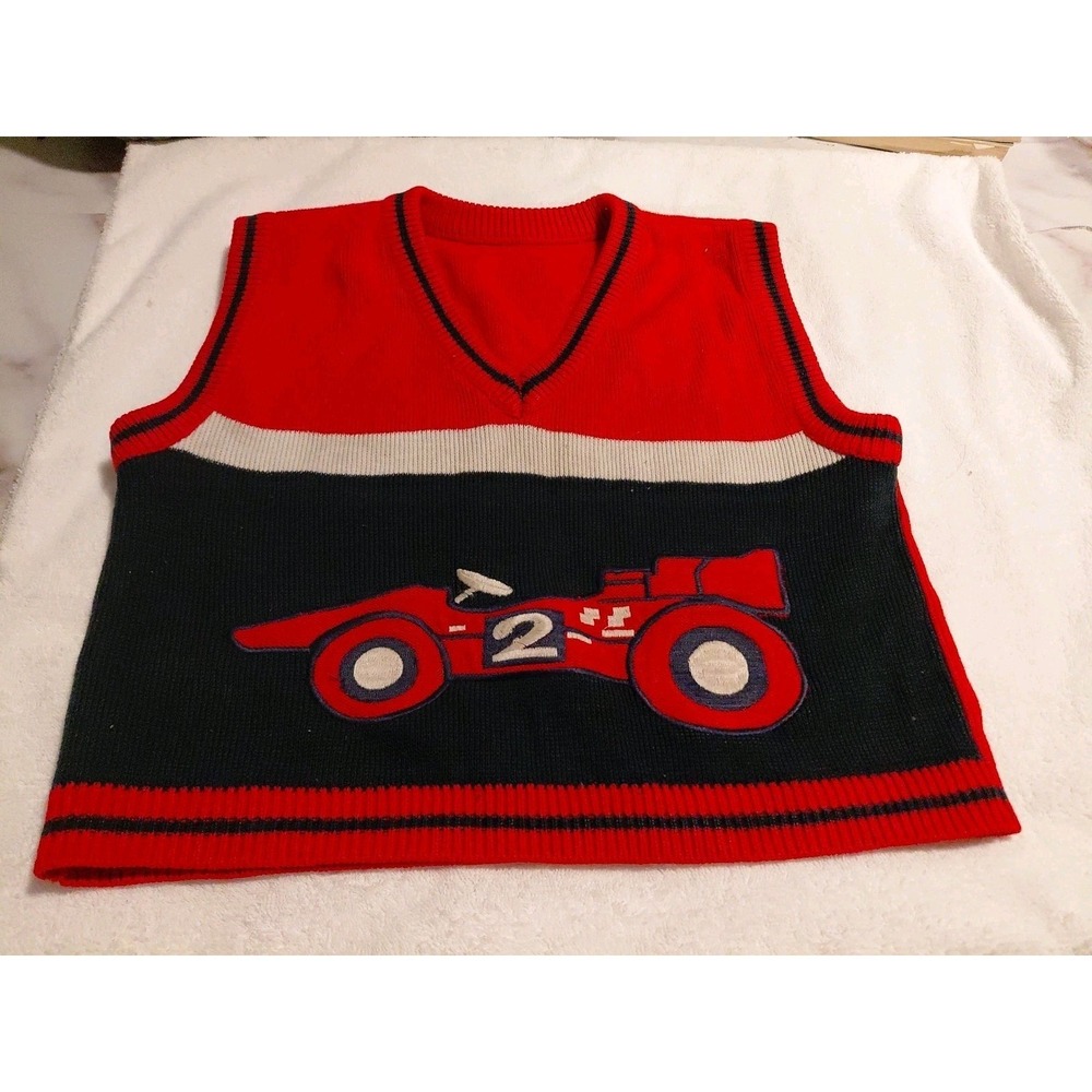 Y2K Kids Vintage children's knit sweater vest Embroidery Racing Car Preppy  Sz 4